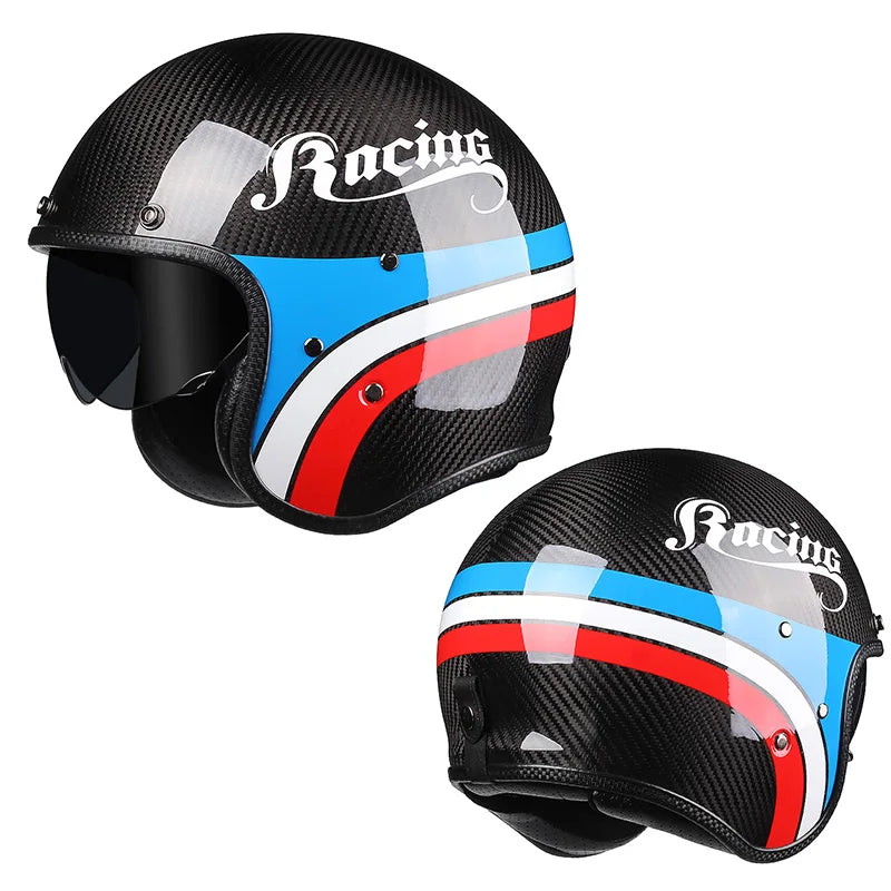 Carbon Fiber Helmets – Genuine Carbon Fiber 3/4 Open Face Motorcycle Helmet, Retro Cafe Racer with Inner Visor