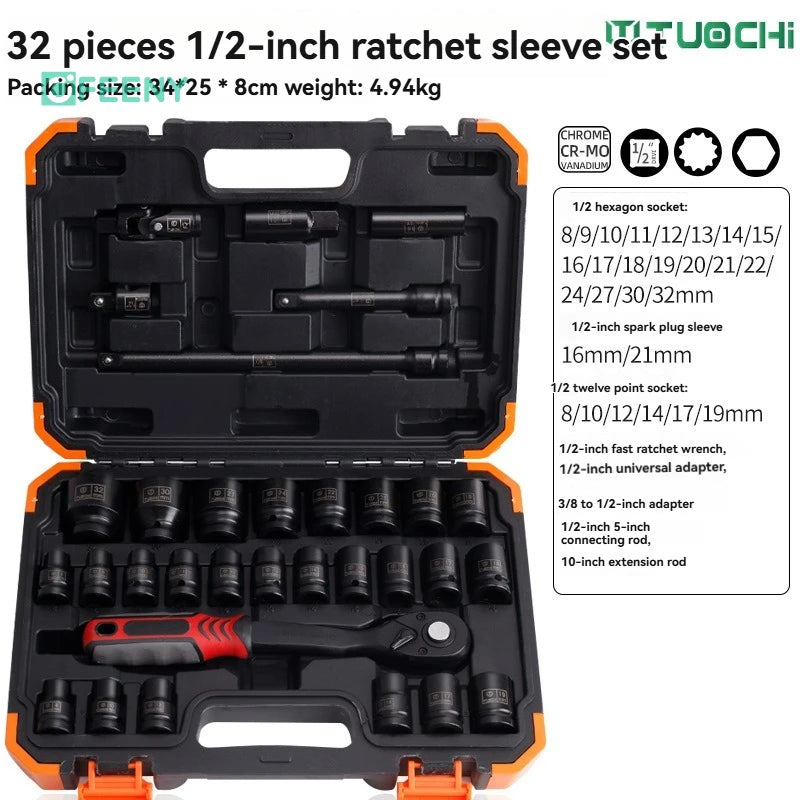 32-Piece Chrome Vanadium Steel Socket Wrench Set – Auto / Car / Truck / Motorcycle Repair – $140