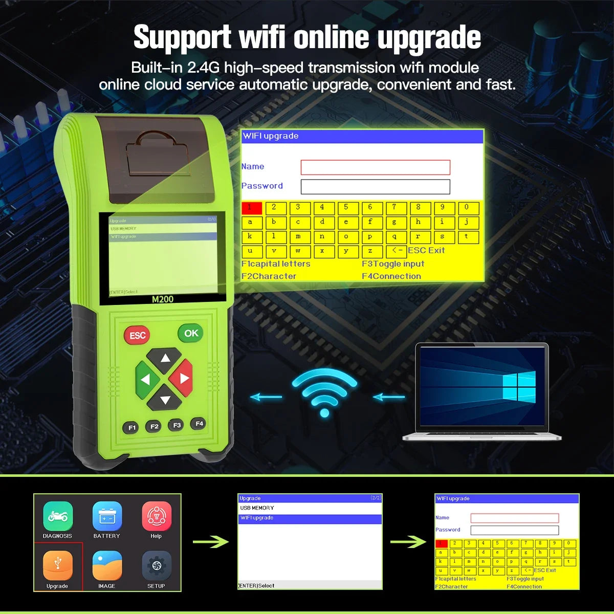 JDiag M200 Professional Motorcycle Diagnostic Scanner – Built-in Printer – 70+ Brands – Signal Simulator – Battery + Injector Test – $235–398