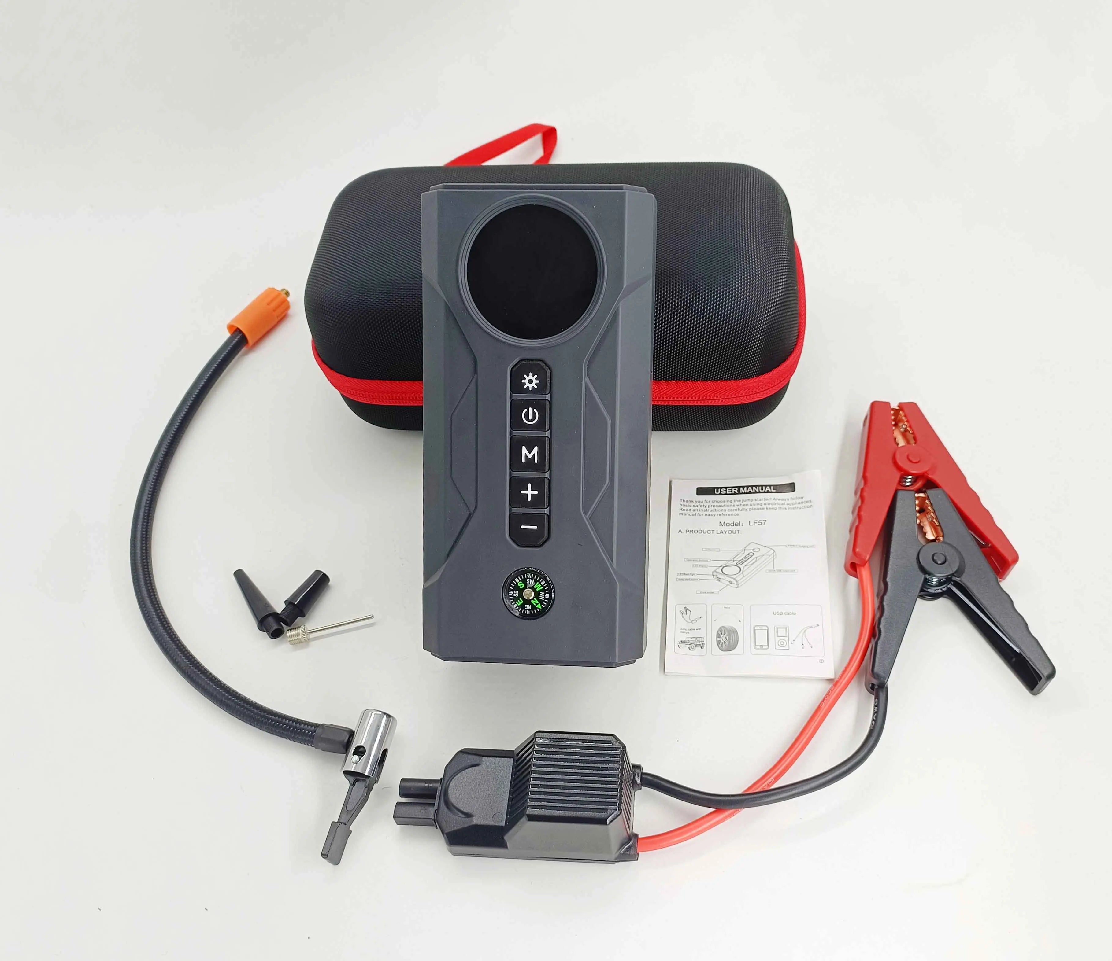 Portable 4-in-1 Car Jump Starter – 2000A Peak, 16000mAh Power Bank, Air Compressors & LED Light for Truck & Motorcycle