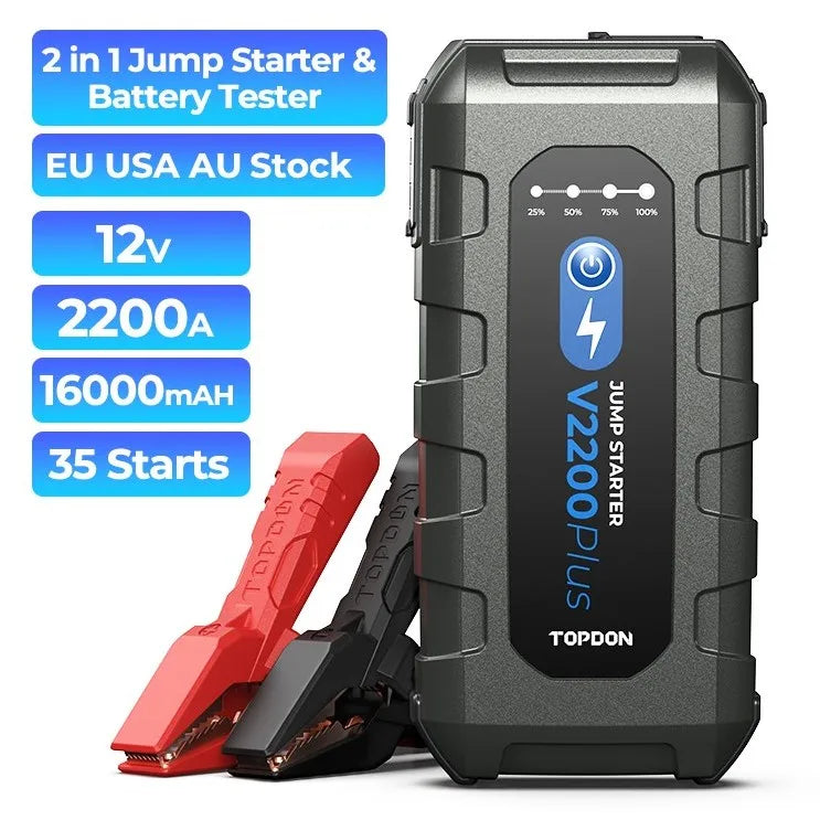 TOPDON V2200Plus 2200A Jump Starter – 2-in-1 Battery Tester & Power Bank for Cars, Trucks & Motorcycles