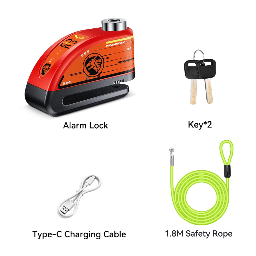 Extractme Motorcycle Alarm Disc Brake Lock 120dB Bicycle Wheel Disk Padlock Security Anti-Theft Lock Scooter – USB-C Rechargeable – 7mm – With or Without Rope – Red Black Blue Green Yellow