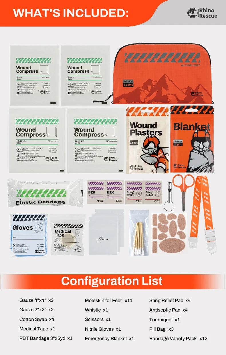 RHINO RESCUE Outdoor Travel First Aid Kit, Lightweight, Portable and Waterproof, Suitable for Hiking, Climbing, Car and Cycling