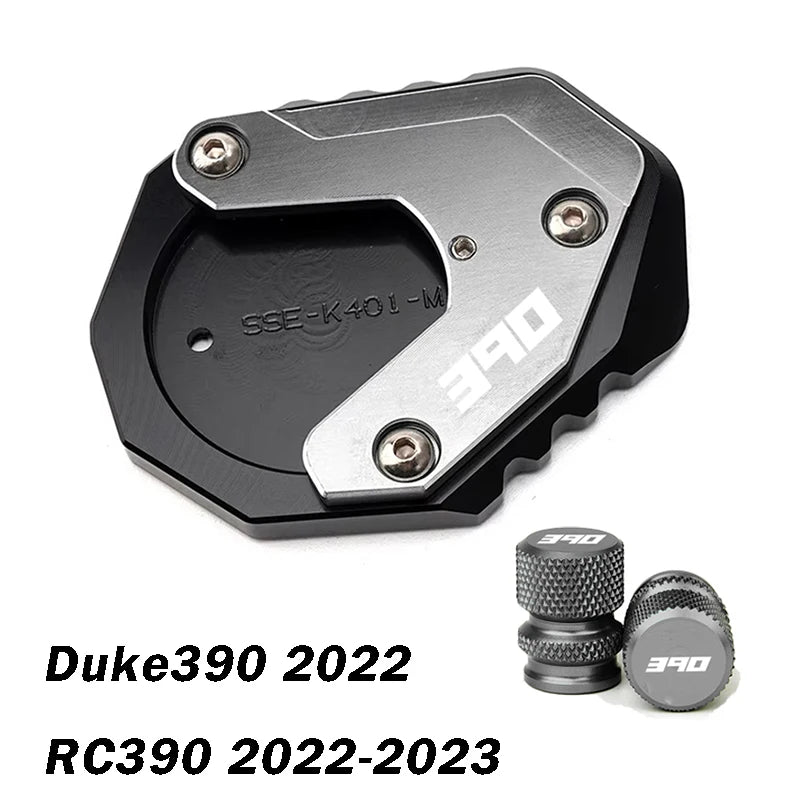 For KTM Duke390 RC390 390 Adventure Duke RC 390 Motorcycle CNC Kickstand Side Stand Enlarge Pad Extension Plate Tire Valve Caps – Aluminum Grey Black Orange Combo 1pcs 2pcs 3pcs