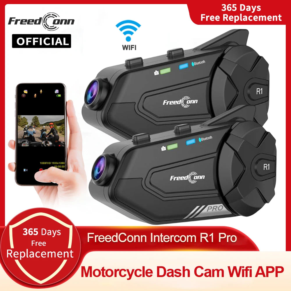 FREEDCONN R1 Pro Motorcycle Bluetooth Intercom – 6-Rider 2K Dash Cam