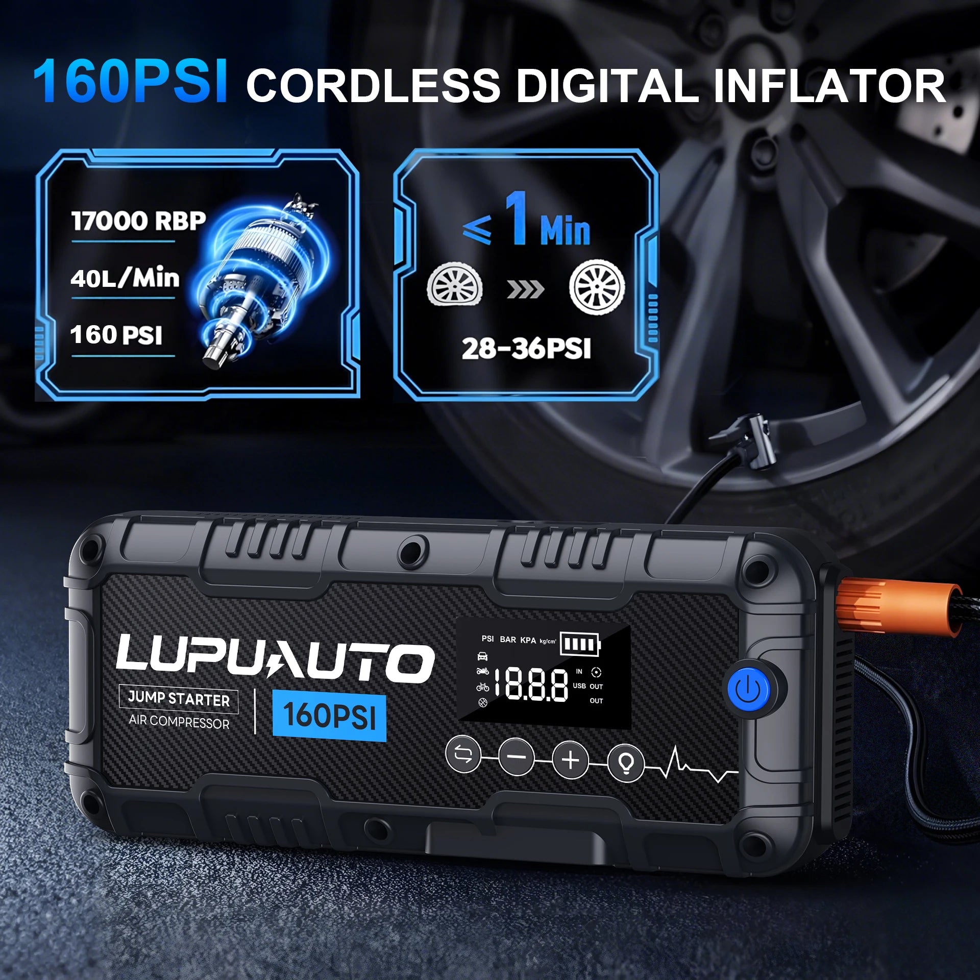 Motorcycle Jump Starter 7000A with Air Compressor 160PSI Tyre Inflator Portable Power Bank LED Flashlight Smart Cable 12V