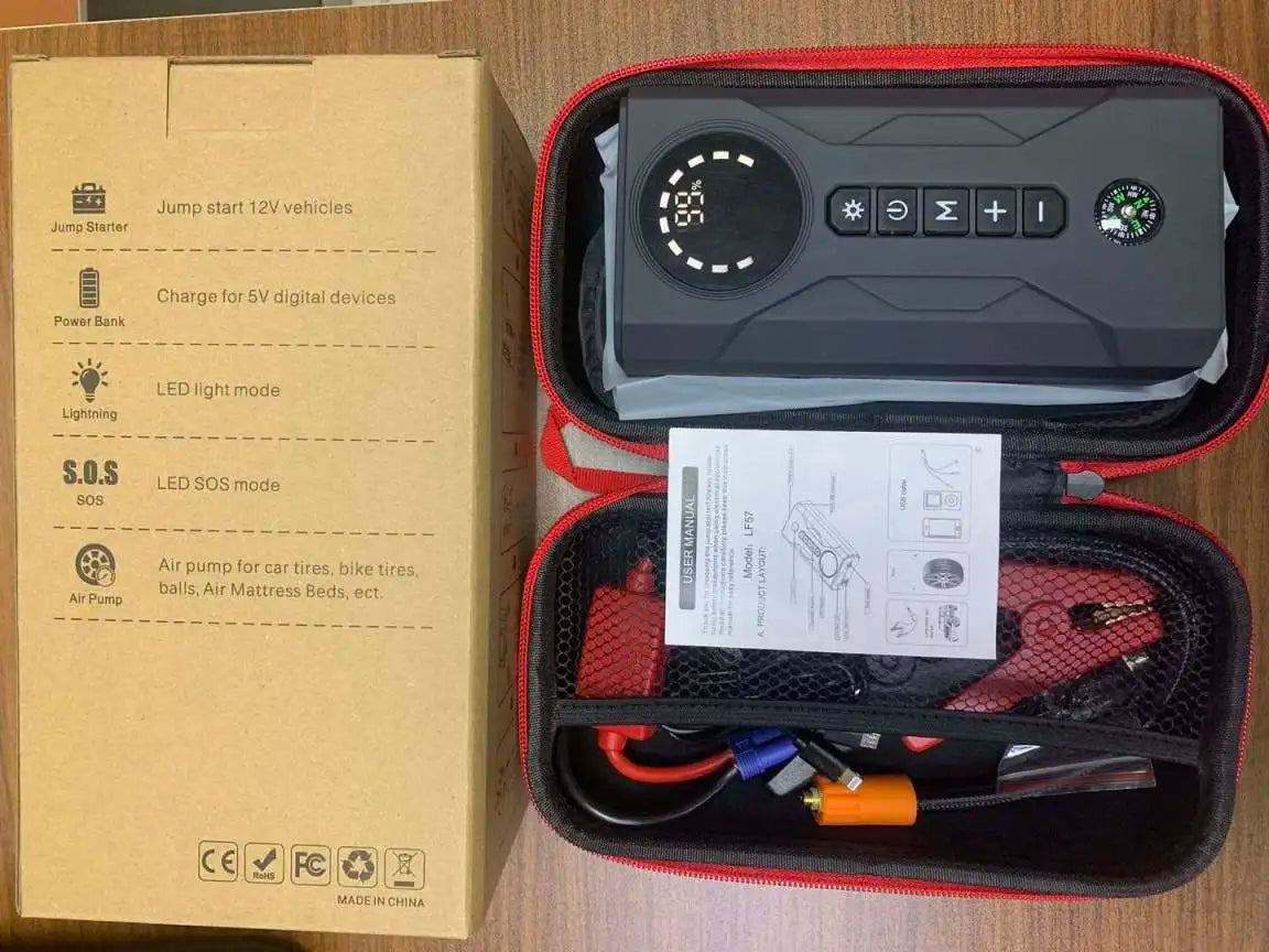Portable 4-in-1 Car Jump Starter – 2000A Peak, 16000mAh Power Bank, Air Compressors & LED Light for Truck & Motorcycle