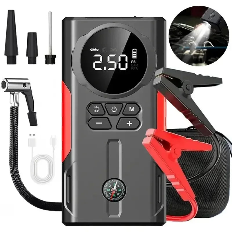 12V Jump Starter & Air Pump – 1800A Multi-Function Tire Inflator, LED SOS Light & Power Bank for Car, Motorcycle & Bicycle