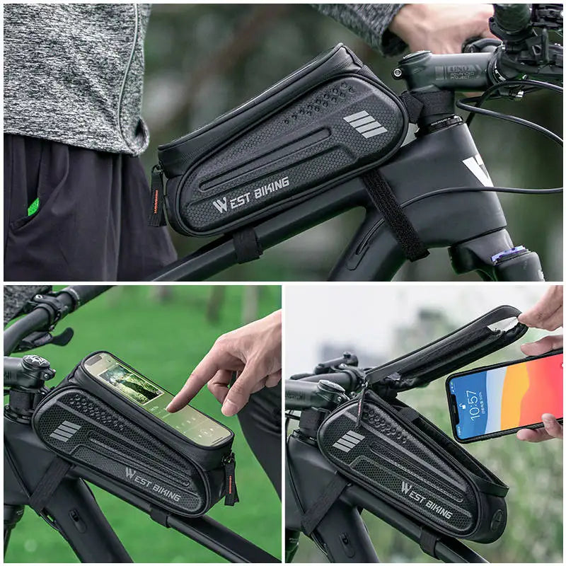 WEST BIKING 1.5L Waterproof Bike Phone Pouch – Touchscreen Top Tube Frame Bag for Up to 7" Phones