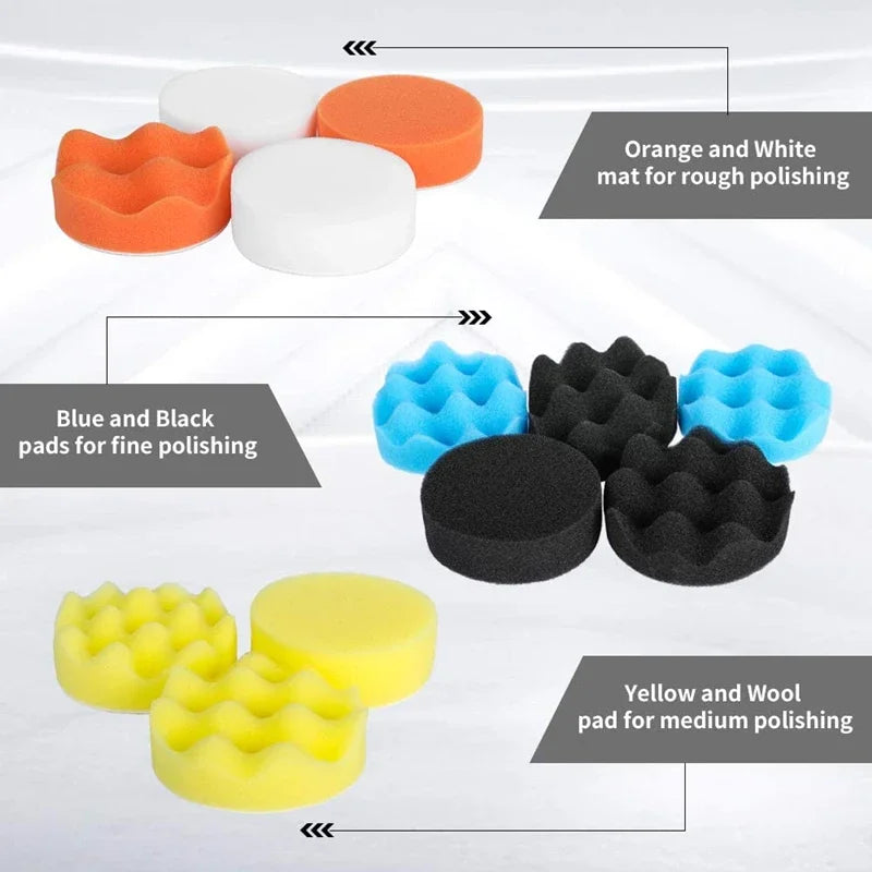 Car & Motorcycle Foam + Wool Polishing Pad Kit – 3" & 5" Sponge Buffer Set – Waxing Polishing Sealing – Drill Compatible – 5 / 11 / 22 / 39 Pcs – $20–30