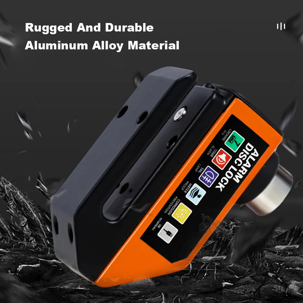 MDUG Motorcycle Alarm Disc Brake Lock 120dB Loud Anti-Theft Security Moto Wheel Disk Padlock Waterproof USB Rechargeable LED Light Bracket – IPX6 – Solo or Set – Blue Red Orange Yellow Black