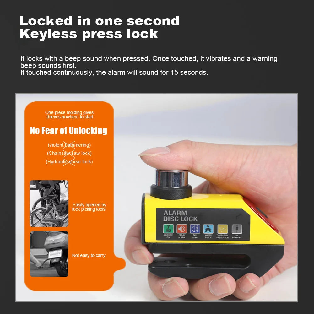 MDUG Motorcycle Alarm Disc Brake Lock 120dB Loud Anti-Theft Security Moto Wheel Disk Padlock Waterproof USB Rechargeable LED Light Bracket – IPX6 – Solo or Set – Blue Red Orange Yellow Black