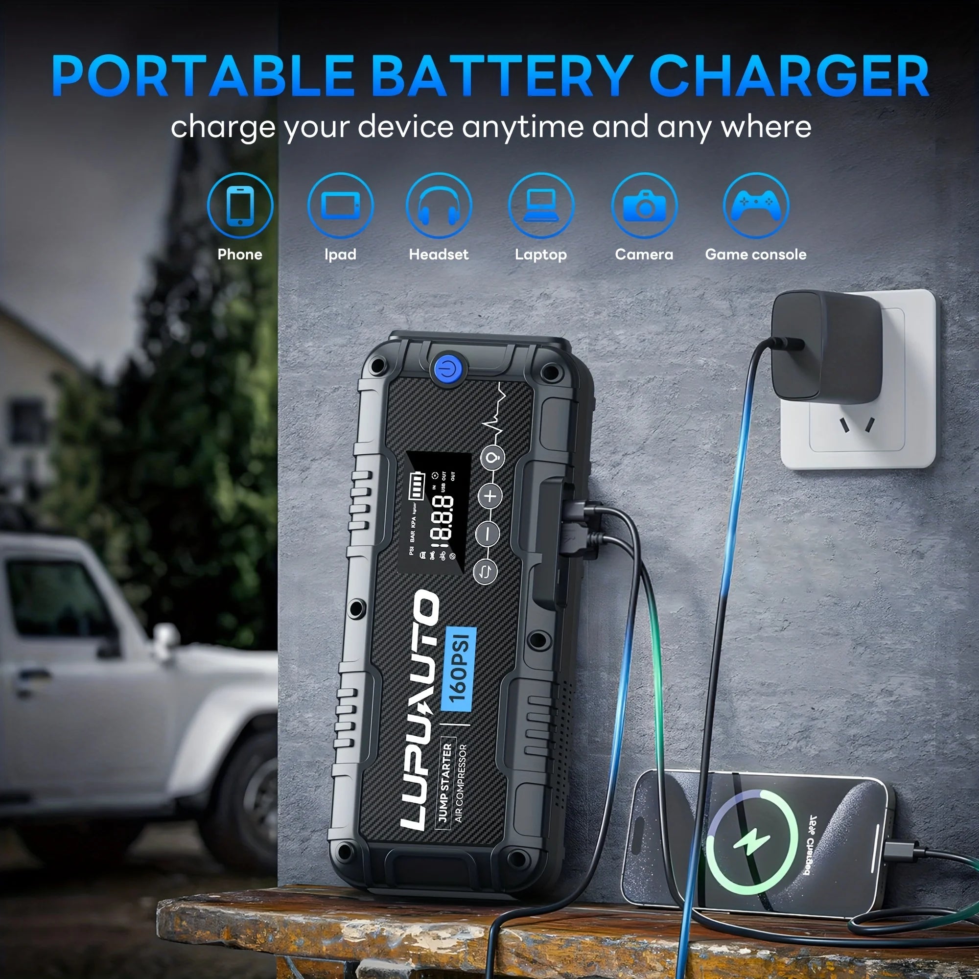 Motorcycle Jump Starter 7000A with Air Compressor 160PSI Tyre Inflator Portable Power Bank LED Flashlight Smart Cable 12V