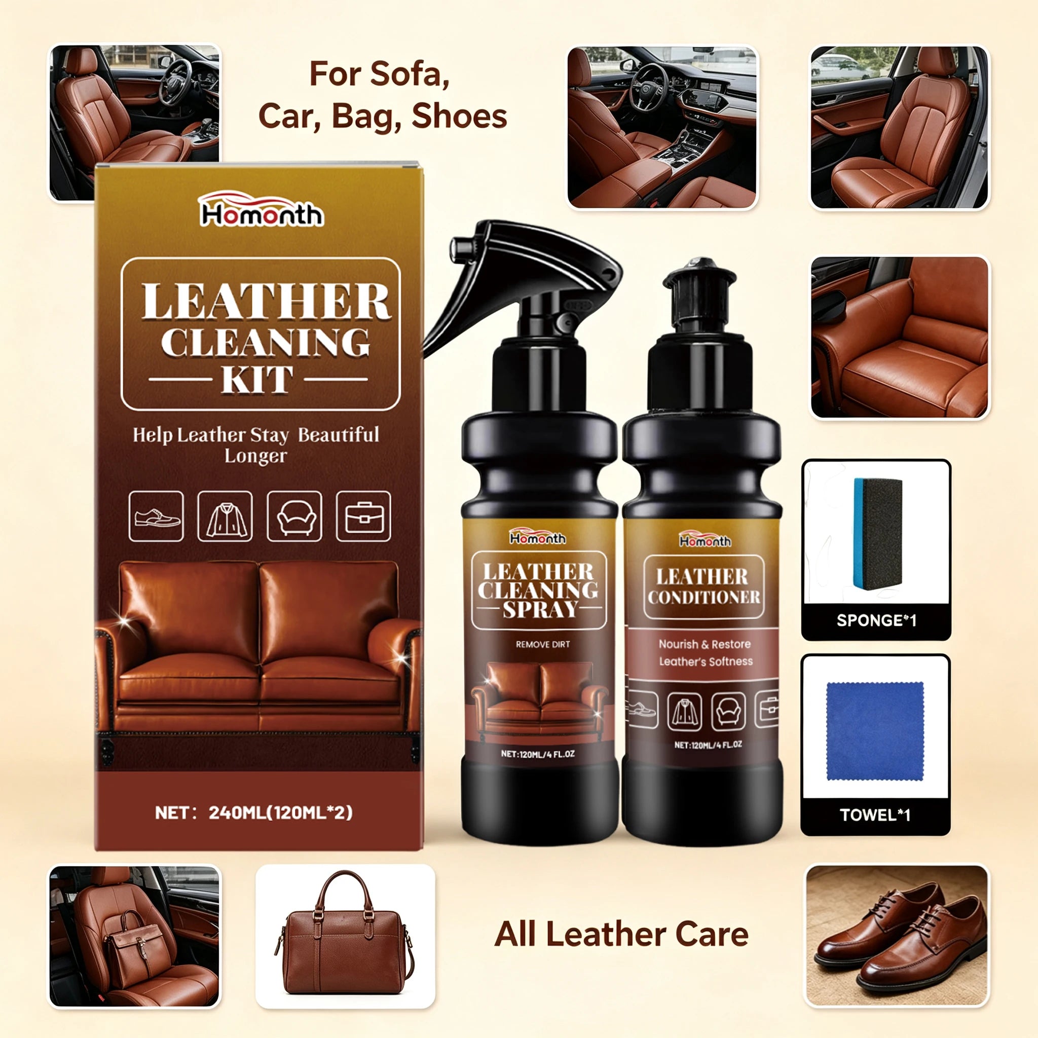 Homonth 2-in-1 Leather Cleaner & Conditioner Kit – Deep Spray + Nourishing Lotion – Car Seats Sofa Bags – Prevents Cracking – Sponge + Towel Included – $12–65