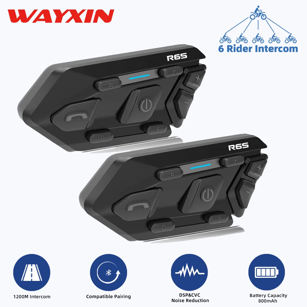WAYXIN R6S Motorcycle Bluetooth Intercom – 6-Rider 1200m