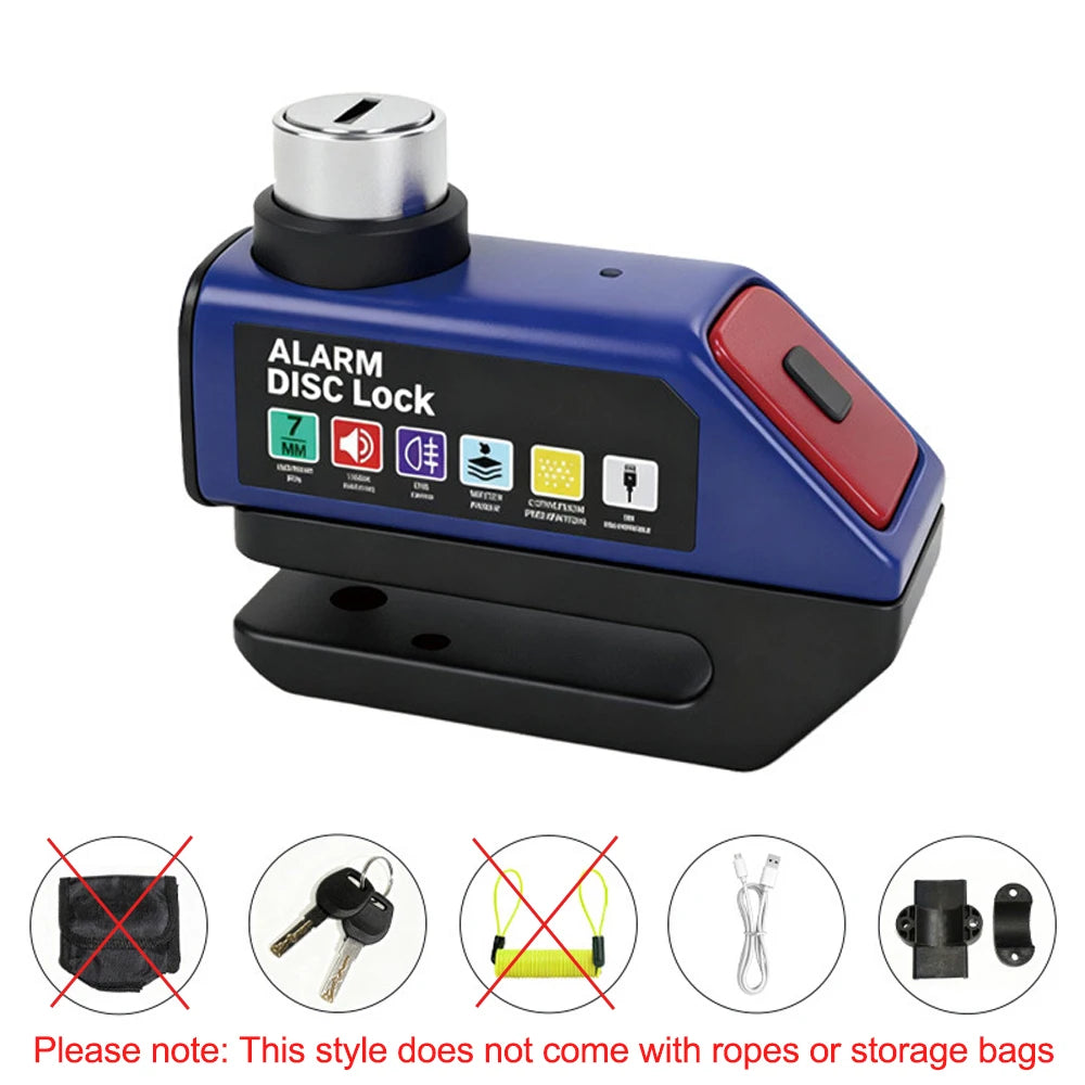 MDUG Motorcycle Alarm Disc Brake Lock 120dB Loud Anti-Theft Security Moto Wheel Disk Padlock Waterproof USB Rechargeable LED Light Bracket – IPX6 – Solo or Set – Blue Red Orange Yellow Black