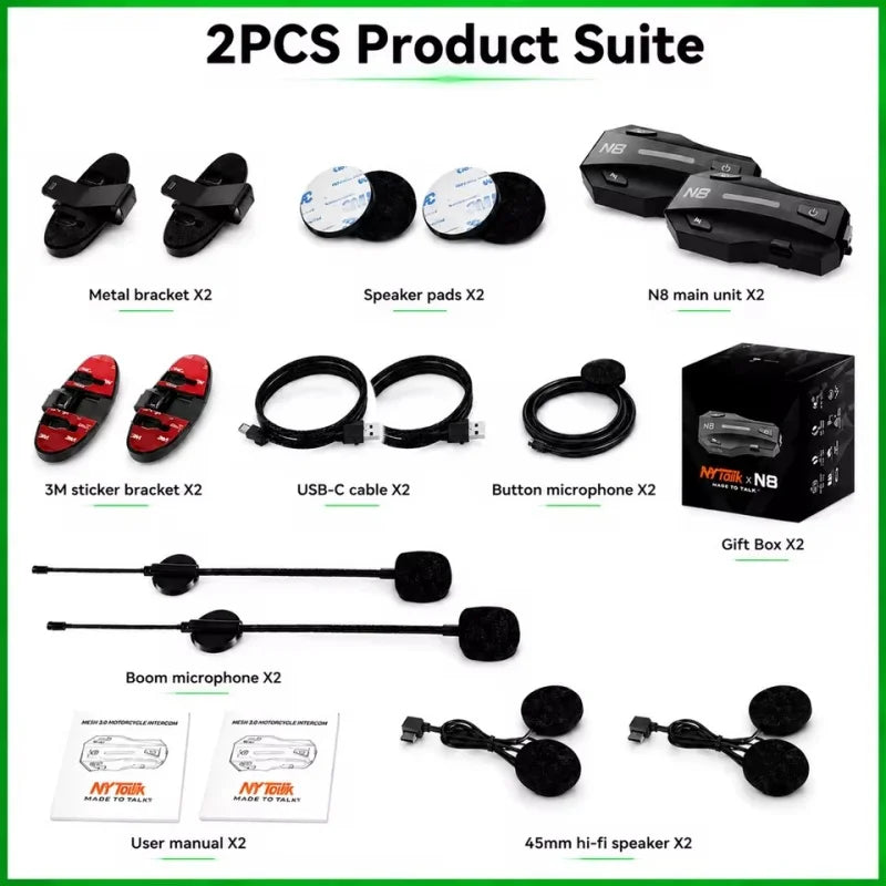 NYTALK N8 Motorcycle Bluetooth Intercom – 8-Rider Mesh Communication