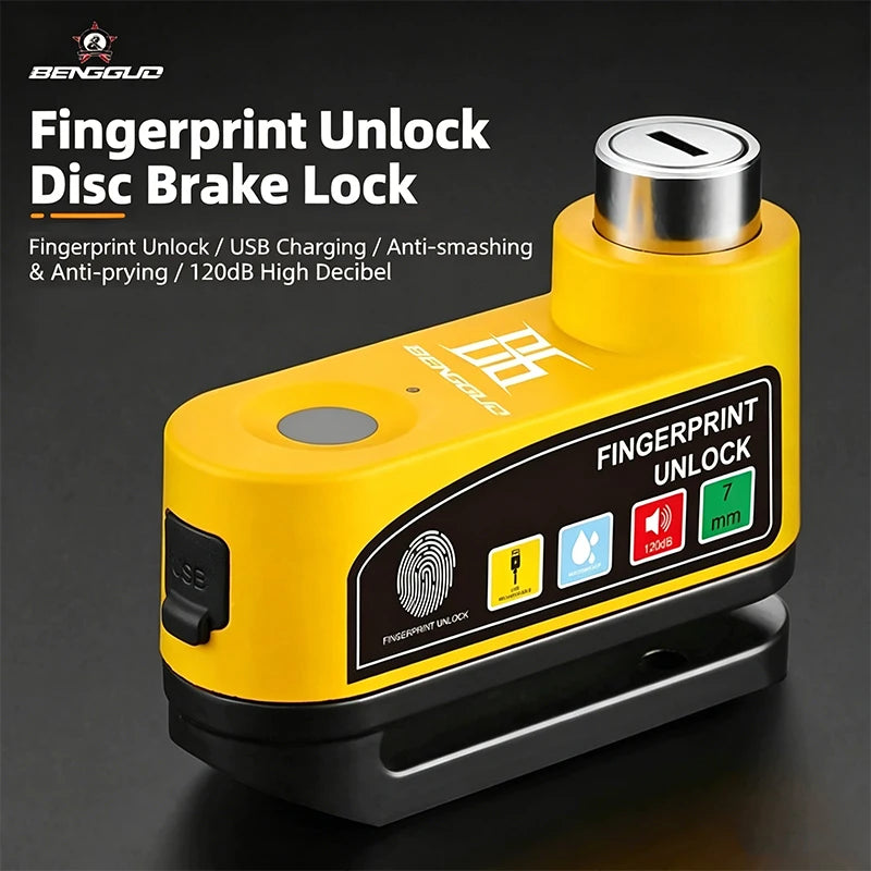 Motorcycle Alarm Disc Brake Lock One-Touch Fingerprint Unlock Anti-Theft Security Moto Wheel Disk Padlock Motorcycle Disc Lock – Vibration Alarm Aluminum Alloy Waterproof