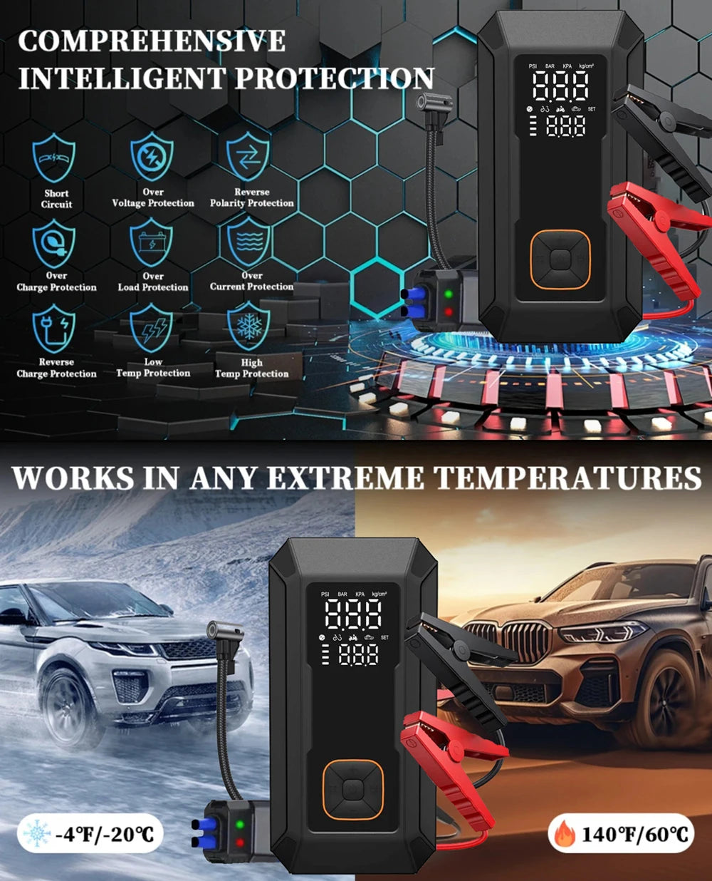 Motorcycle Jump Starter Q28 4000A with 150PSI Air Compressor Portable Power Bank Tyre Inflator 400 Lumen LED Light 12V