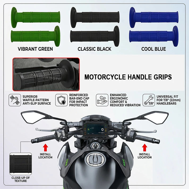 fastcozy Universal Motorcycle Handlebar Grips 7/8" Left 22mm Right 24mm Non-Slip Soft Rubber Modification Moto Handles for Honda Suzuki Ducati Benelli Dirt Bike Motocross – 7 Colors (1 Pair)