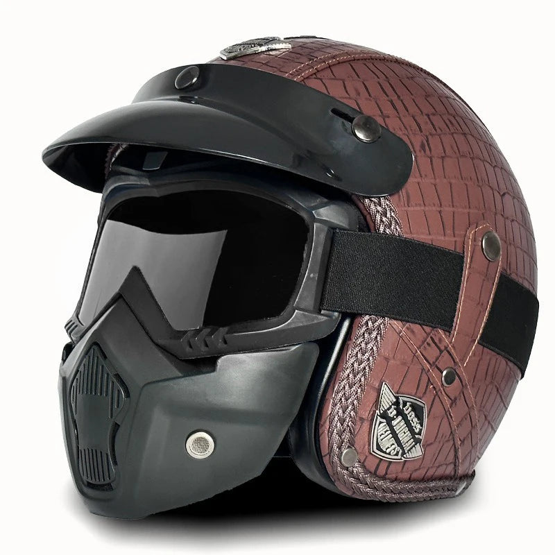 Open Face Helmets – Retro PU Leather Motorcycle Helmet, Vintage Cafe Racer Style, DOT & ECE Certified
