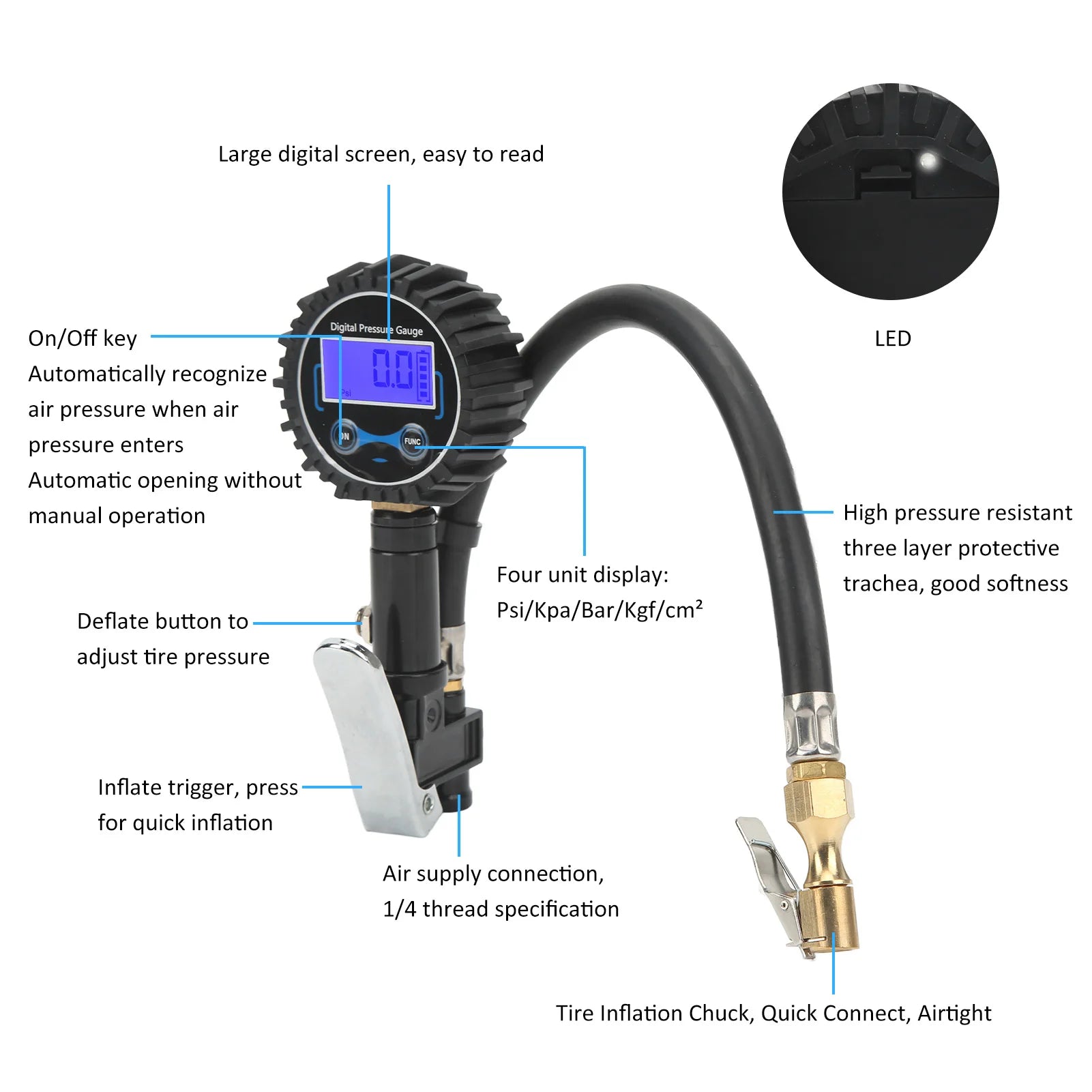 Digital Tire Pressure Gauge – Automatic Shut-Off, 4 Pressure Units & Easy-Read Display