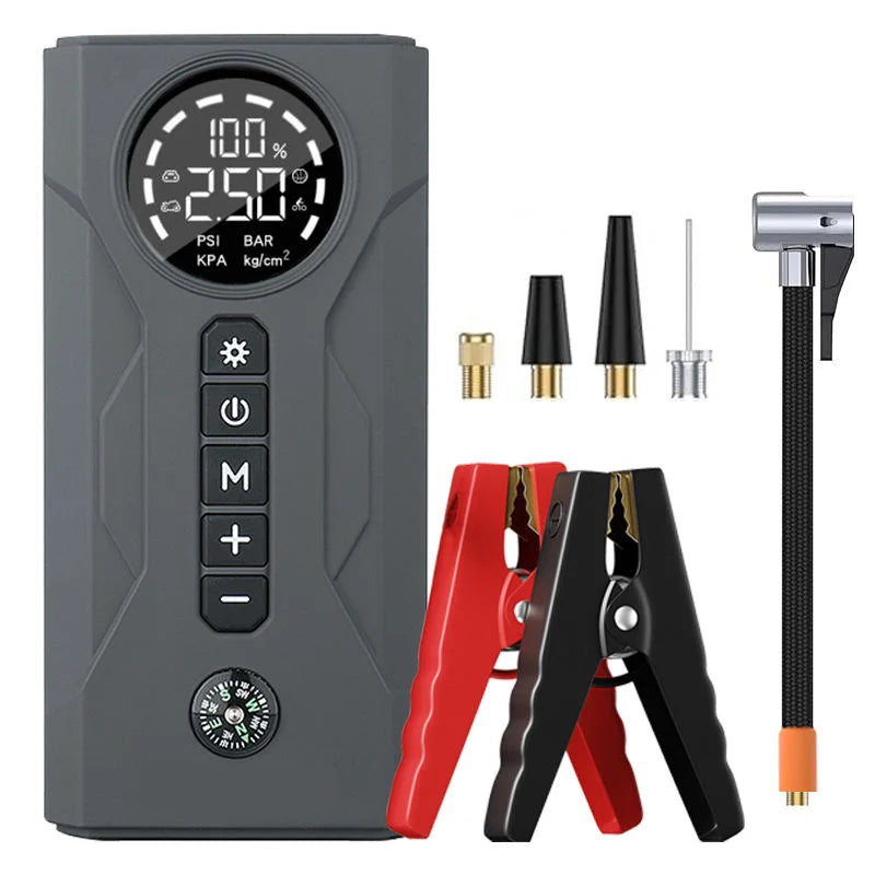 Portable 4-in-1 Car Jump Starter – 2000A Peak, 16000mAh Power Bank, Air Compressors & LED Light for Truck & Motorcycle