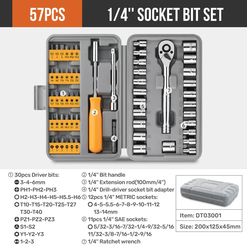 Hi-Spec 57-Piece 1/4" Drive Socket Ratchet Wrench Set – Car / Bike / Motorcycle Repair – Hex & Phillips Bits – Storage Case – $42