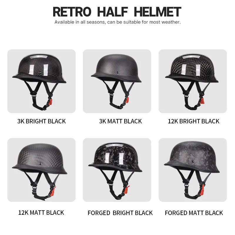 Carbon Fiber Helmets – DOT Certified 12K Carbon Fiber Half Face Motorcycle Helmet, Vintage German-Style Cruiser