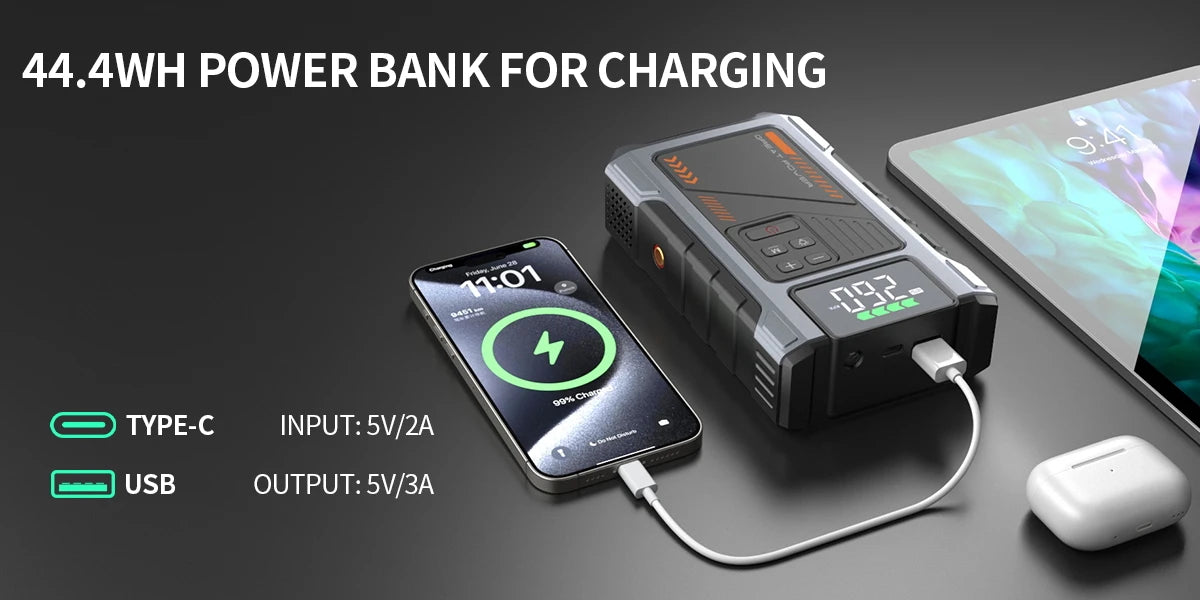 Motorcycle Jump Starter with Air Compressor 3000A Peak 150PSI Tyre Inflator Portable Battery Booster Pack with LED Light 12V