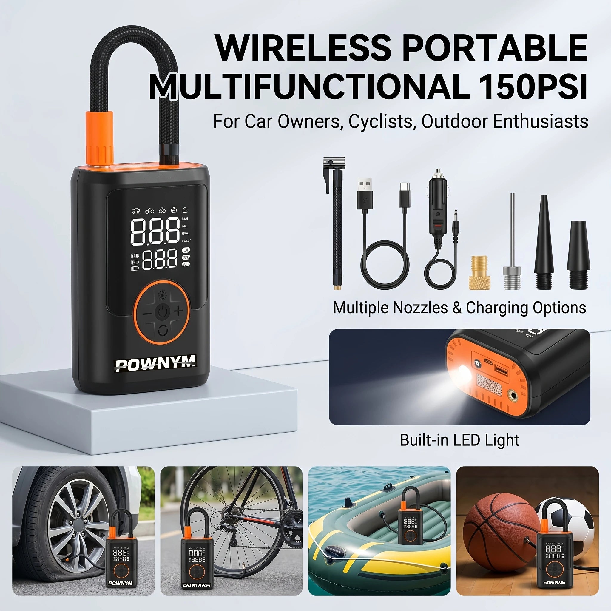 POWNYM 2-in-1 Wireless Tire Inflator & Jump Starter – Portable Air Compressors with Digital Pressure Gauge & LED Light