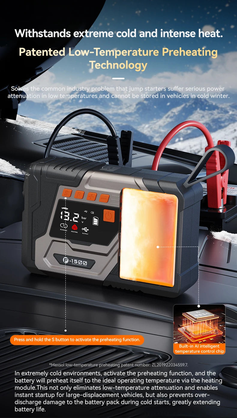 Maxcellent F1500 Flagship 4000A Jump Starter – 145PSI Air Tire Inflator, LED Light & Power Bank for Car, Motorcycle, Diesel & Van