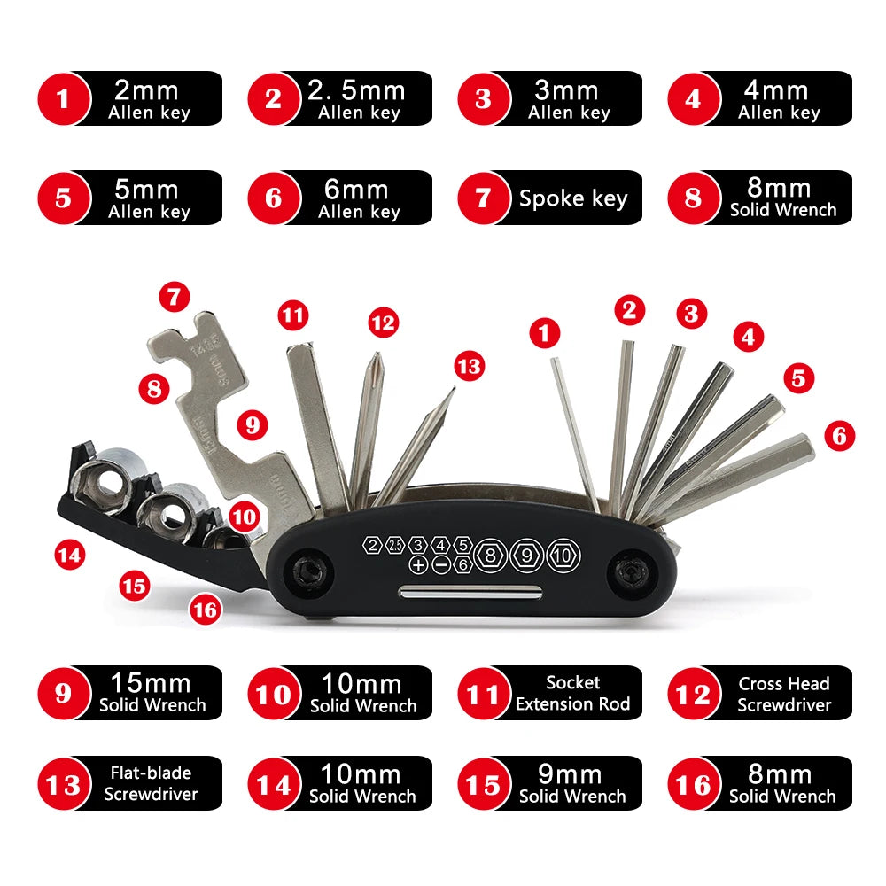 Honda VFR 750 / VFR 800 / VFR 1200 16-Function CNC Aluminum Multi-Tool – Allen + Socket + Hex + Screwdriver + Spoke – $16