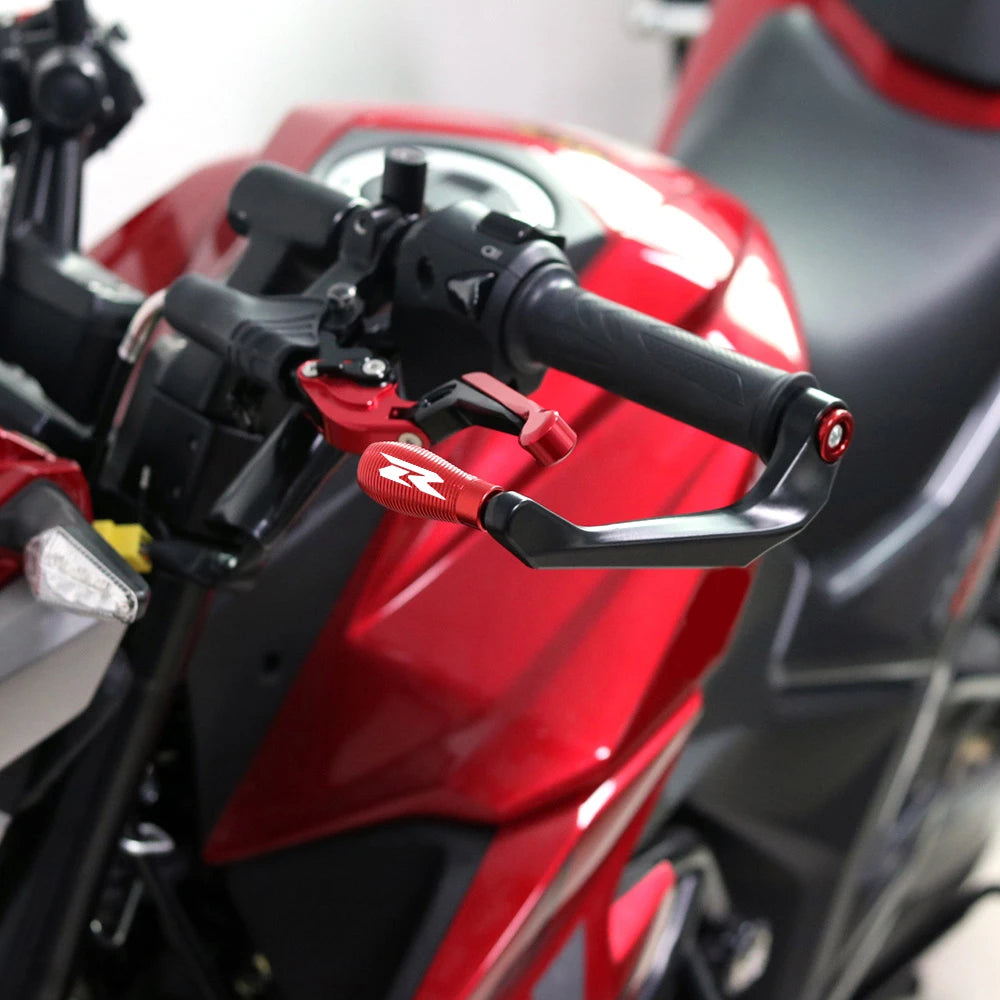 Suzuki GSXR 125/150/250/600/750/1000 / GSR 750/600/400 CNC Aluminum Brake & Clutch Lever Hand Guard Protector – R Logo – 7 Colors – 1 Pair – $20
