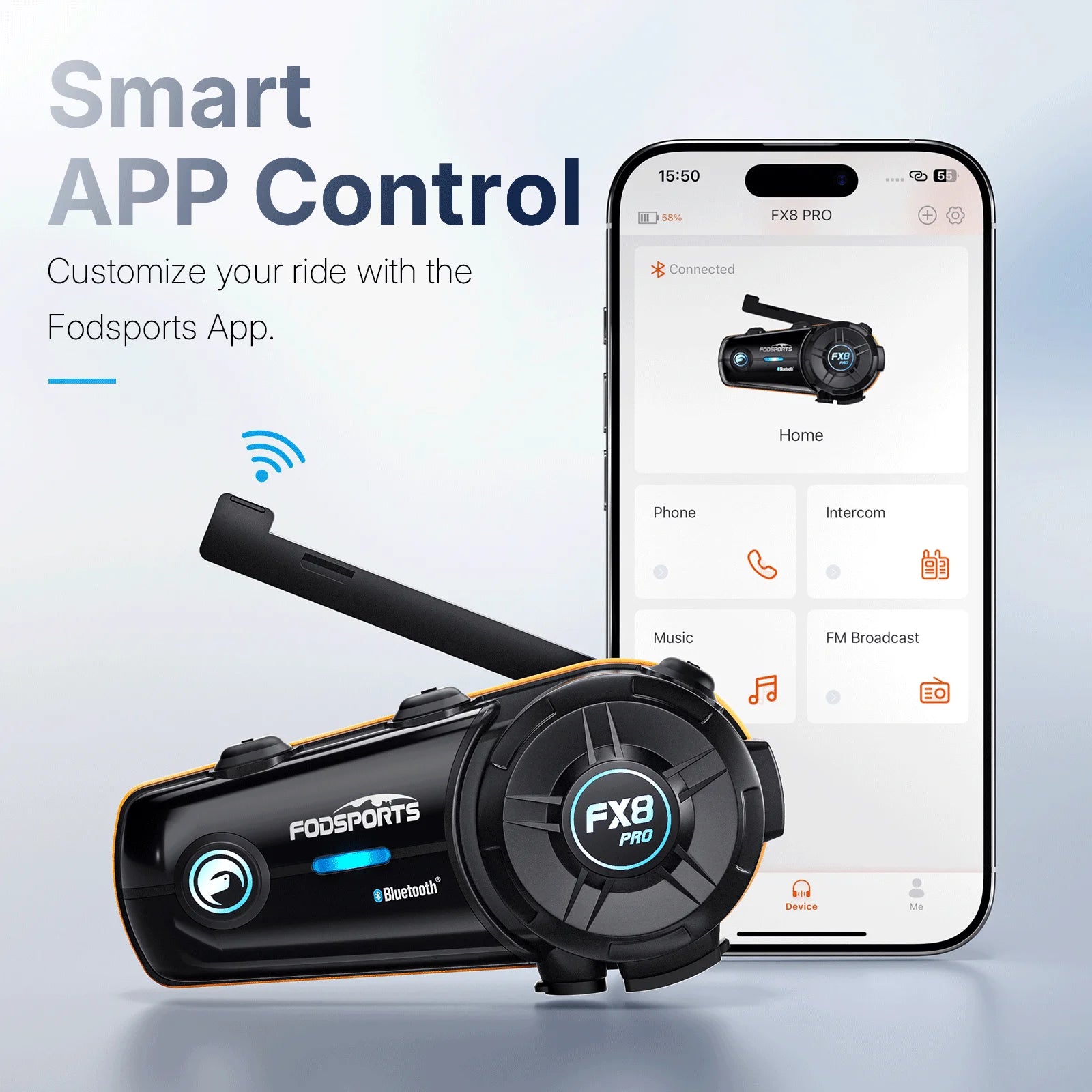 Fodsports FX8 Pro Motorcycle Bluetooth Intercom – 10-Rider Group Communication