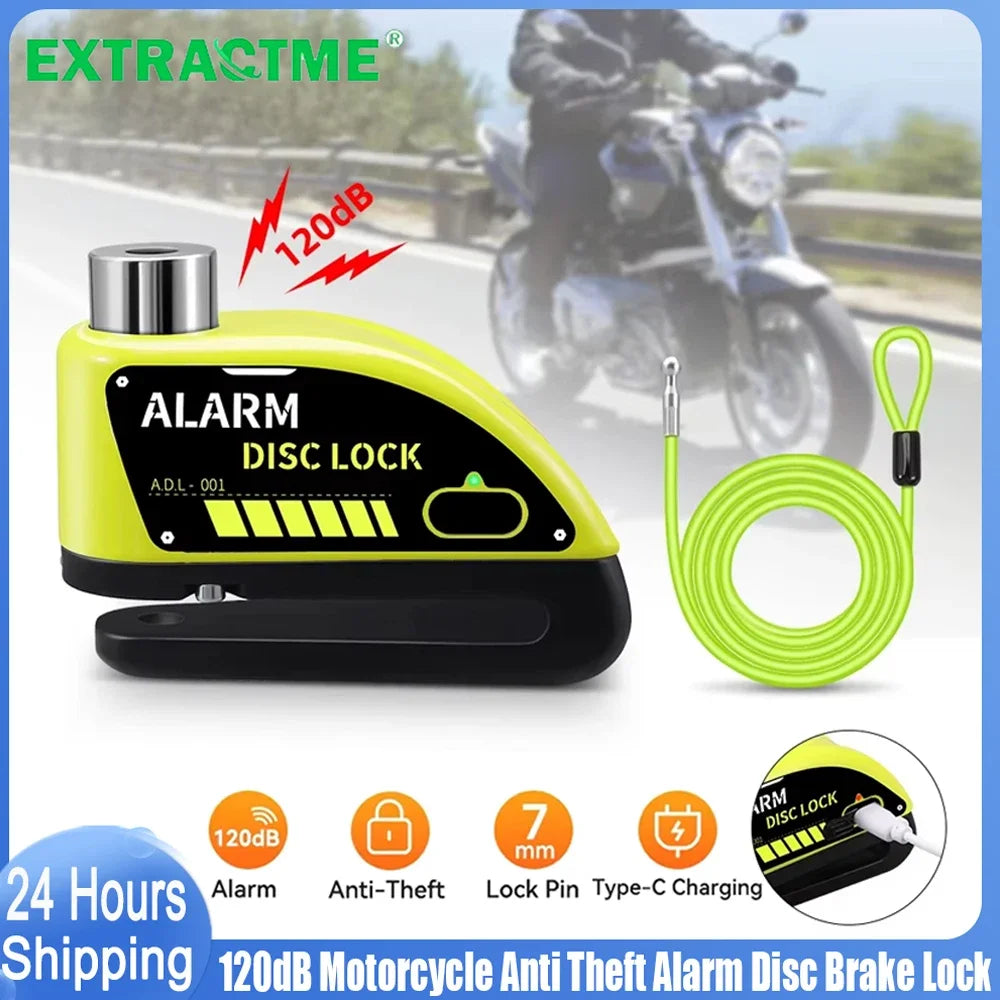 Extractme Motorcycle Alarm Disc Brake Lock Security Moto Wheel Disk Padlock Waterproof 120dB Anti-Theft – Fingerprint / Combination / Charging Style – USB-C – 7mm – With or Without Rope