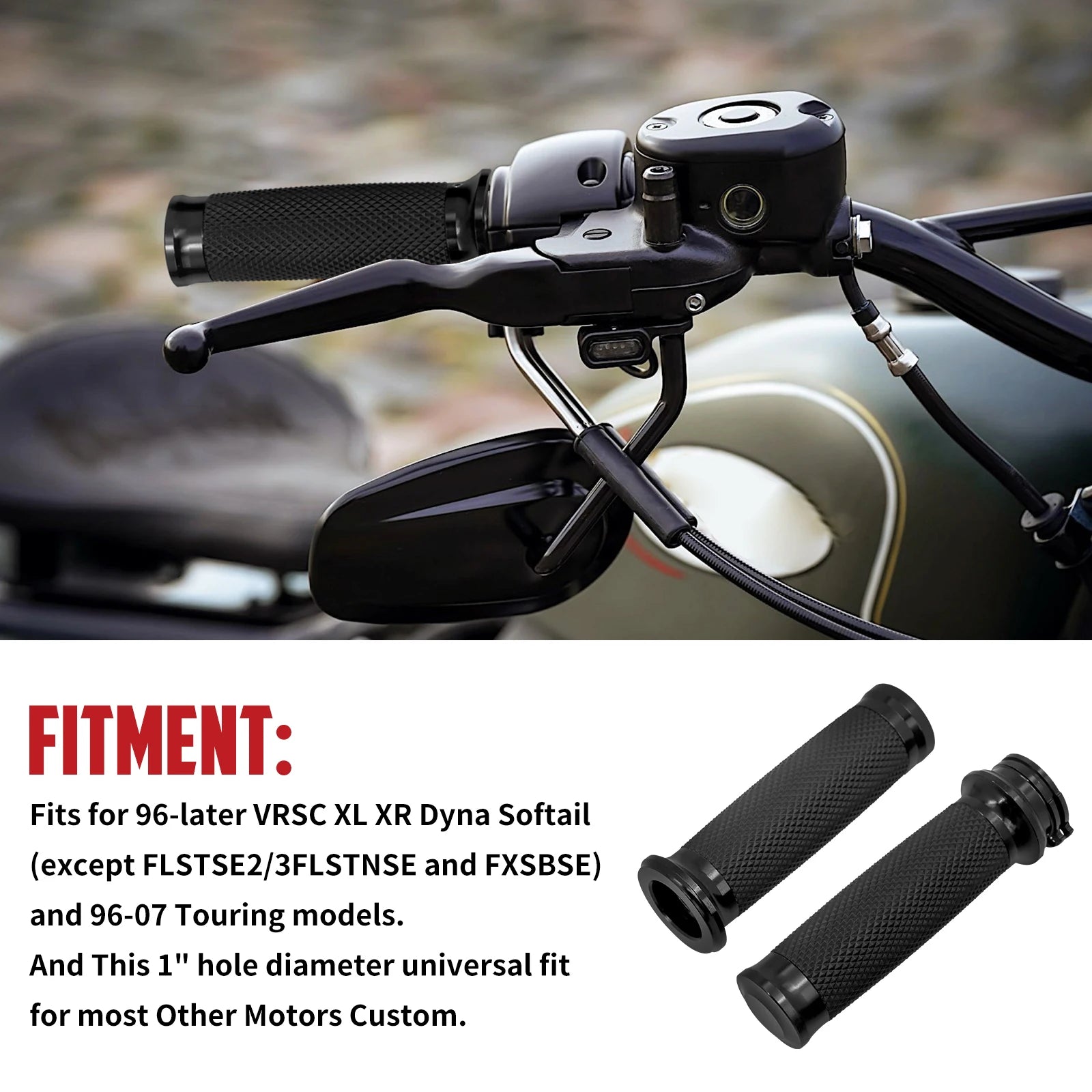 REWMTER Harley-Davidson Motorcycle Handlebar Grips 1" 25mm Aluminum Rubber Lining Hand Grips for Harley Sportster XL 883 1200 XR Touring Road King Dyna Softail V-Rod VRSC – Black / Chrome (1 Pair)