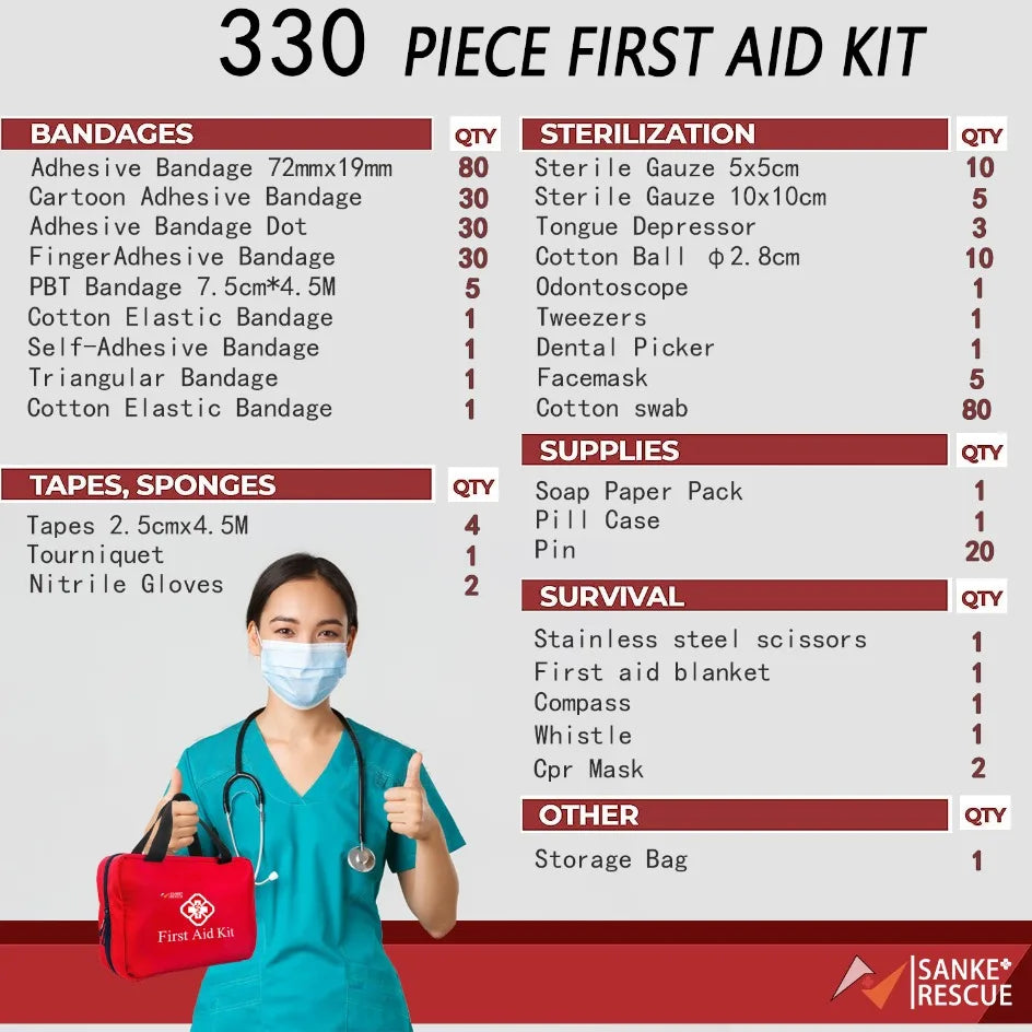 Sanke Rescue Multi-Purpose First Aid Kit 26 to 330 Pieces Waterproof Nylon Bag for Outdoor Hunting Hiking Camping Motorcycle Travel Home