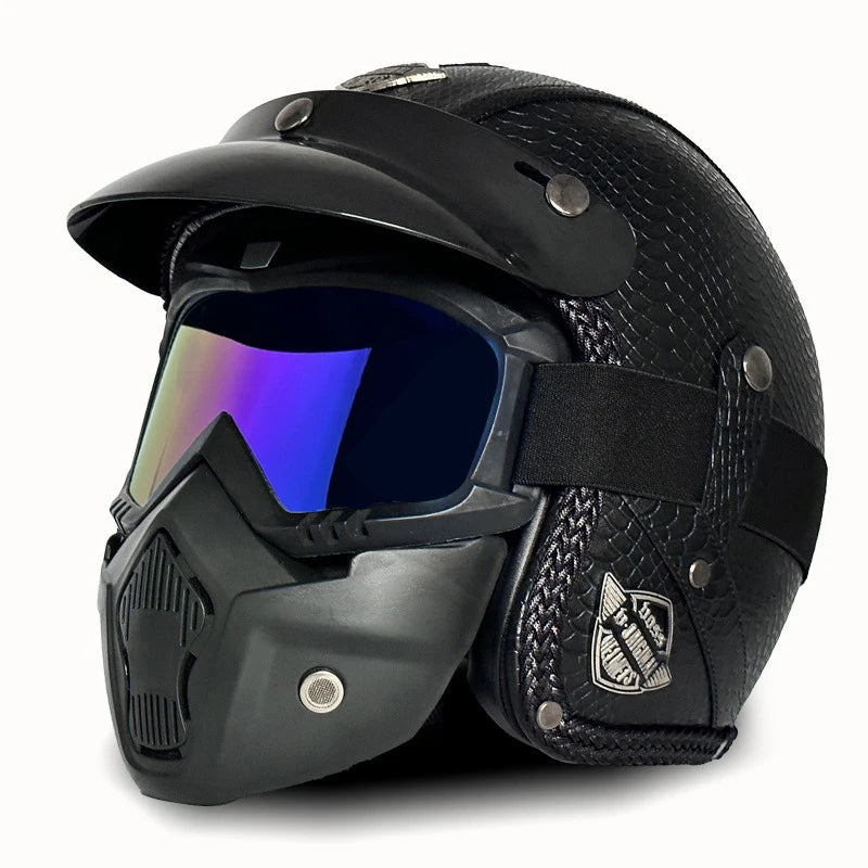 Open Face Helmets – Retro PU Leather Motorcycle Helmet, Vintage Cafe Racer Style, DOT & ECE Certified