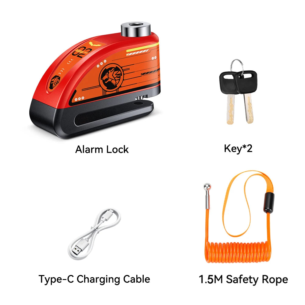 Extractme Motorcycle Alarm Disc Brake Lock 120dB Bicycle Wheel Disk Padlock Security Anti-Theft Lock Scooter – USB-C Rechargeable – 7mm – With or Without Rope – Red Black Blue Green Yellow