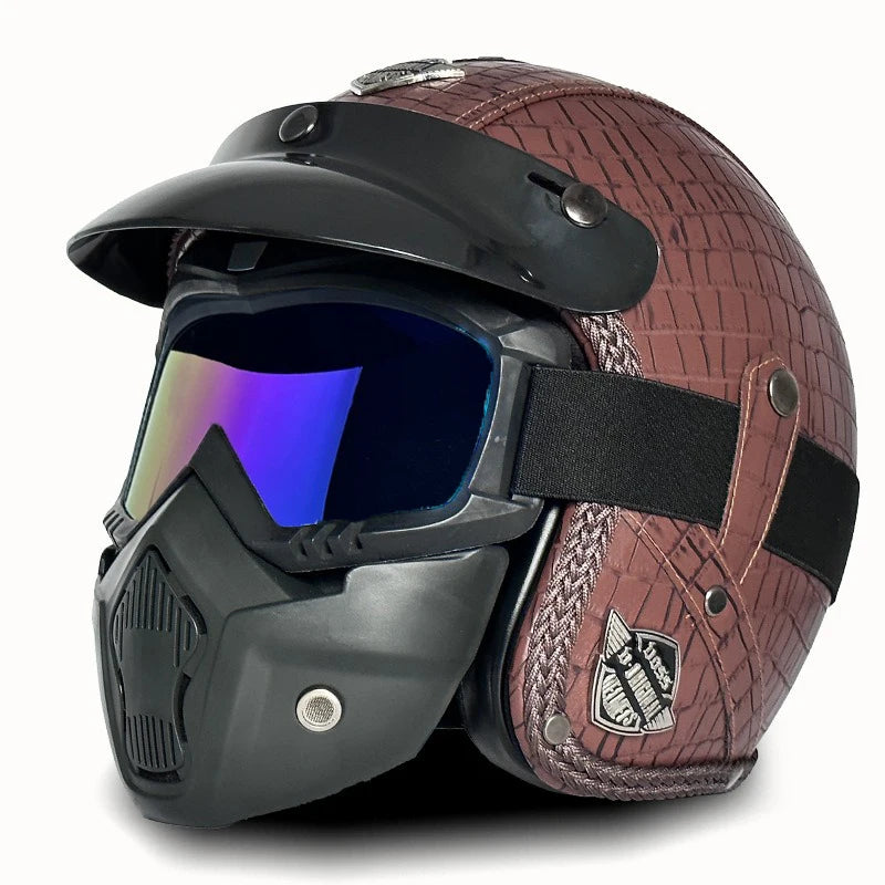Open Face Helmets – Retro PU Leather Motorcycle Helmet, Vintage Cafe Racer Style, DOT & ECE Certified