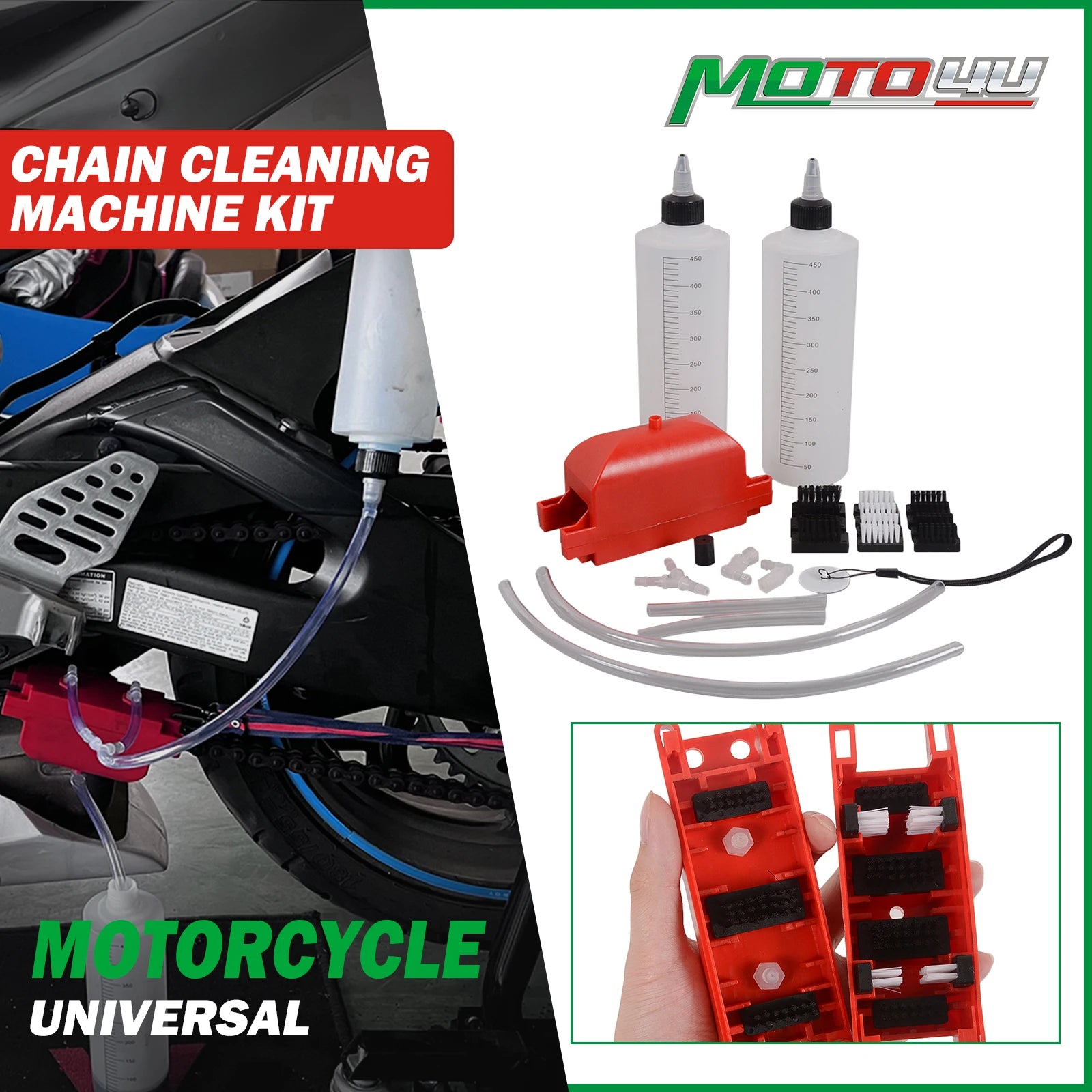 Motorcycle Chain Cleaning & Lube Device Tools – Full Set with 2PCS Pump Bottle – Brush Gear Cleaner & Lubricating Accessory – $33