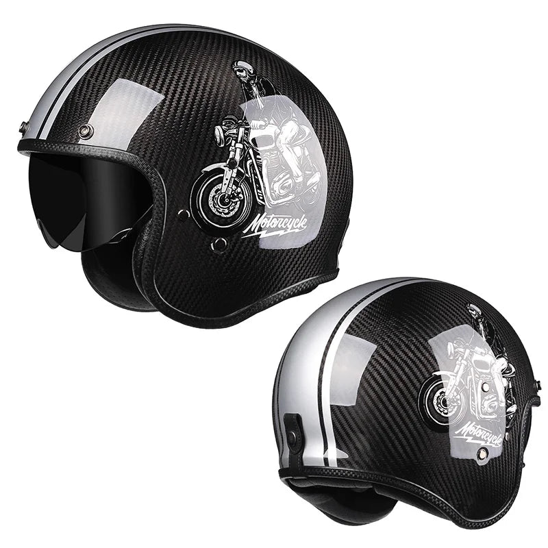 Carbon Fiber Helmets – Genuine Carbon Fiber 3/4 Open Face Motorcycle Helmet, Retro Cafe Racer with Inner Visor