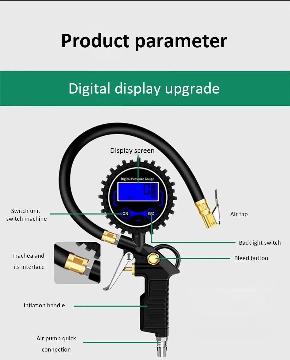 220 PSI Tire Pressure Gauge – Car, Truck & Motorcycle Tire Inflator with Flexible Hose
