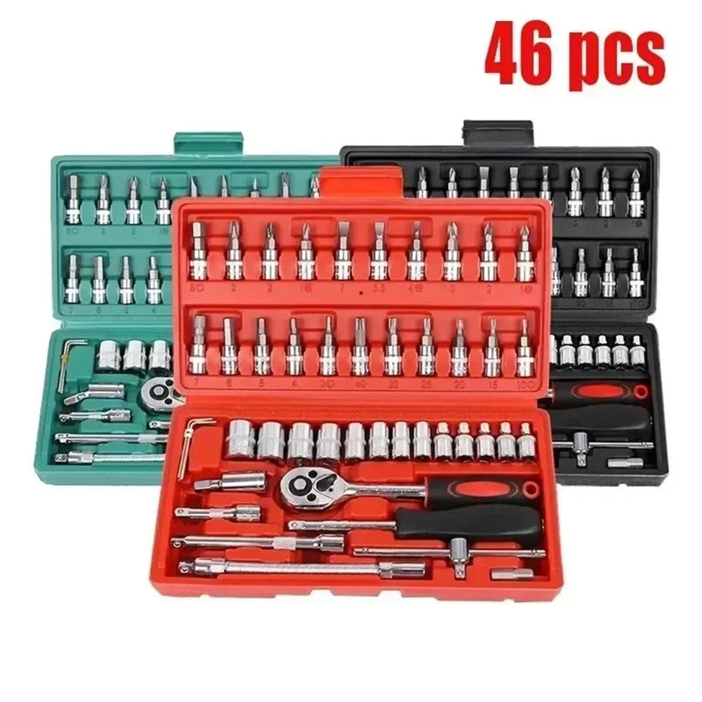 46-Piece 1/4" Drive Socket Ratchet Wrench Set – Chromium Vanadium Steel – Motorcycle / Car / Bicycle Repair – 3 Colors – $28