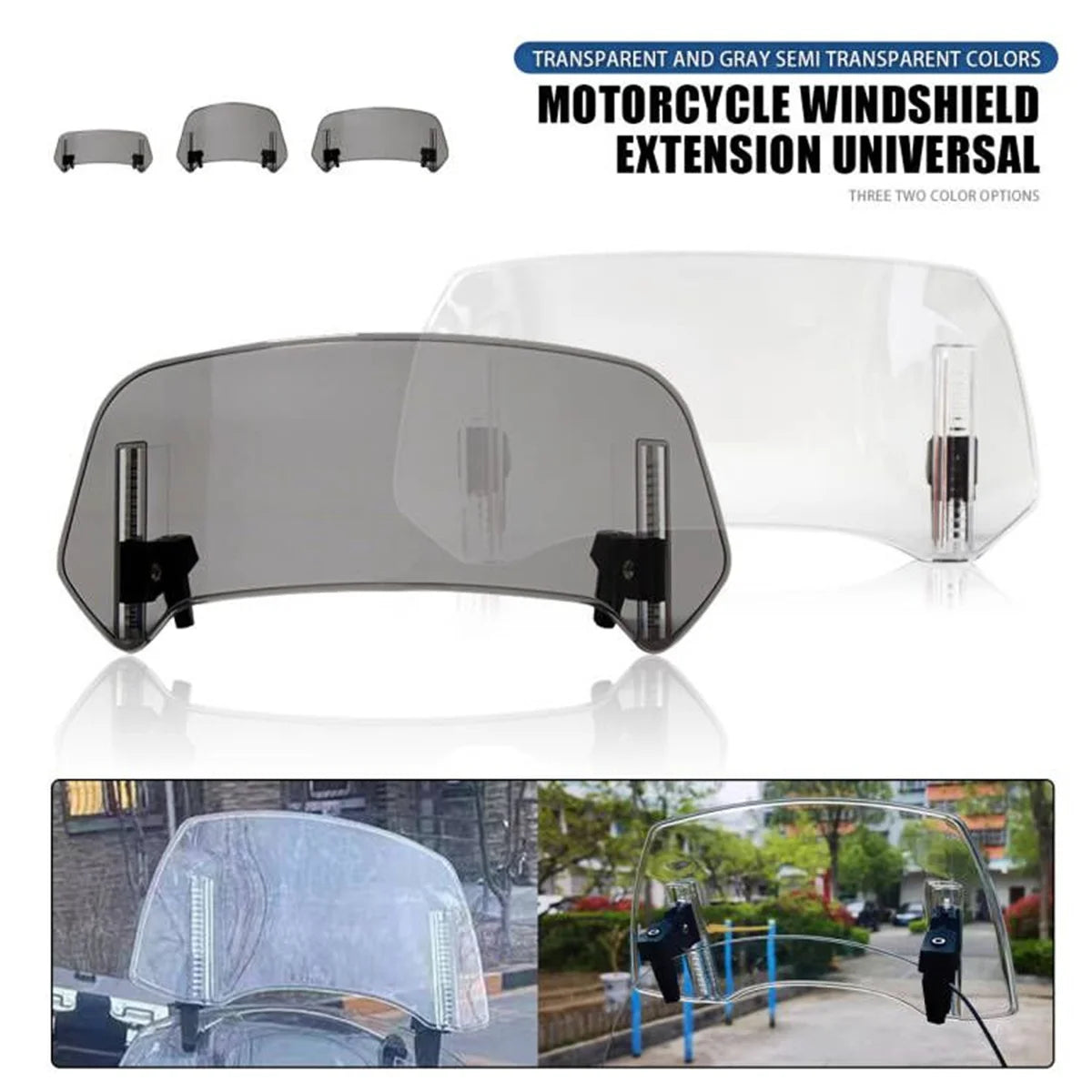 Universal Motorcycle Windshield Extension Adjustable Spoiler Clamp-On Windscreen Deflector Suitable for All Motorcycle Parts – SOYAVISION ABS 280mm 300mm 360mm Grey Clear No Drill