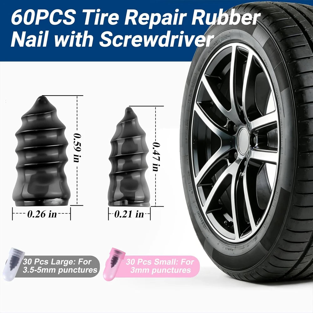 60pcs Spiral Screw-In Tire Repair Plug Kit – 2 Sizes with Screwdriver – Car Truck Motorcycle ATV – $18