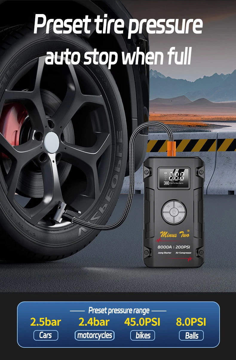 Motorcycle Jump Starter 8000A with 200PSI Air Compressor 4-in-1 Portable Power Bank Tyre Inflator Motorcycle Battery Booster Starting Device