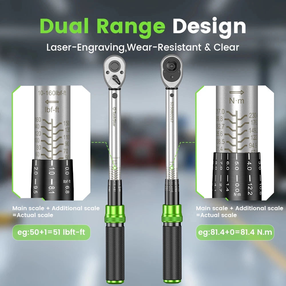 TaskStar 8-in-1 Click Torque Wrench Set – 1/4” + 3/8” + 1/2” – 72-Tooth – ±3% Accuracy – 5 Adapters + Case – $108
