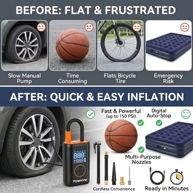 POWNYM 2-in-1 Wireless Tire Inflator & Jump Starter – Portable Air Compressors with Digital Pressure Gauge & LED Light